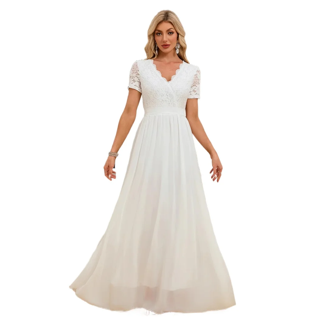 

Классическое длинное вечернее свадебное платье из шифона с кружевной вышивкой и короткими рукавами, белое