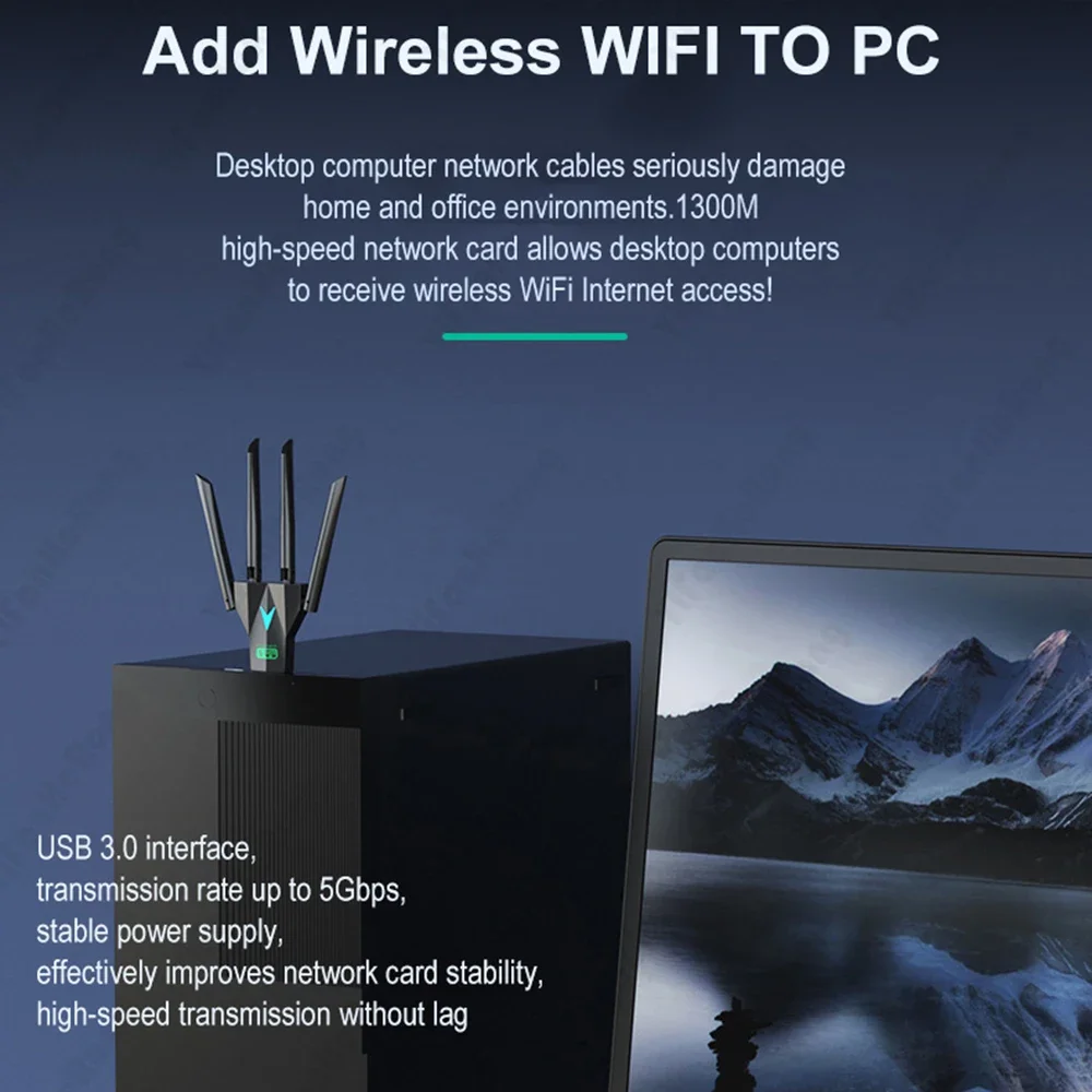 بطاقة شبكة USB 3.0 بسرعة 1300 ميجابت في الثانية ثنائي النطاق 2.4 جيجا/5.8 جيجا هرتز محول USB واي فاي دونغل 4 هوائي استقبال لاسلكي 600 ميجابت في الثانية التوصيل والتشغيل
