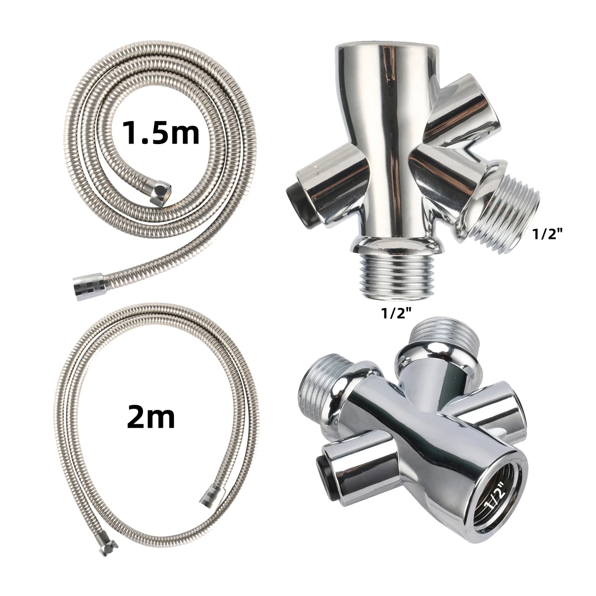 

G1/2" Thread 3-way Water Splitter 1.5m/2m Copper Core Hose Garden Irrigation Water Tap Diverter Bathroom Shower Water Separator