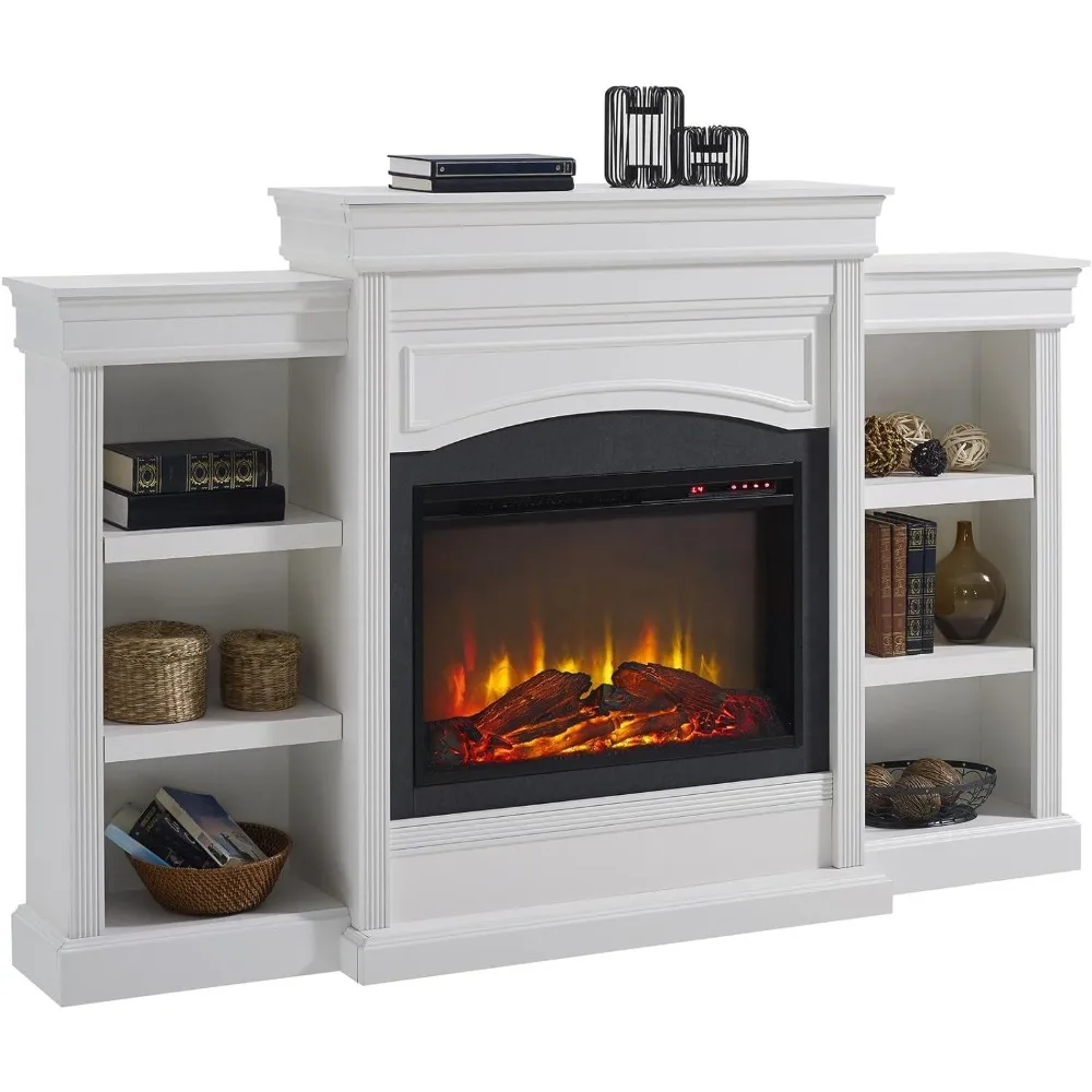 Fireplace with Bookcase, with Long-Lasting Ultra-Bright LED Technology with Realistic Logs and Flame, Features 2 Bookcases,White