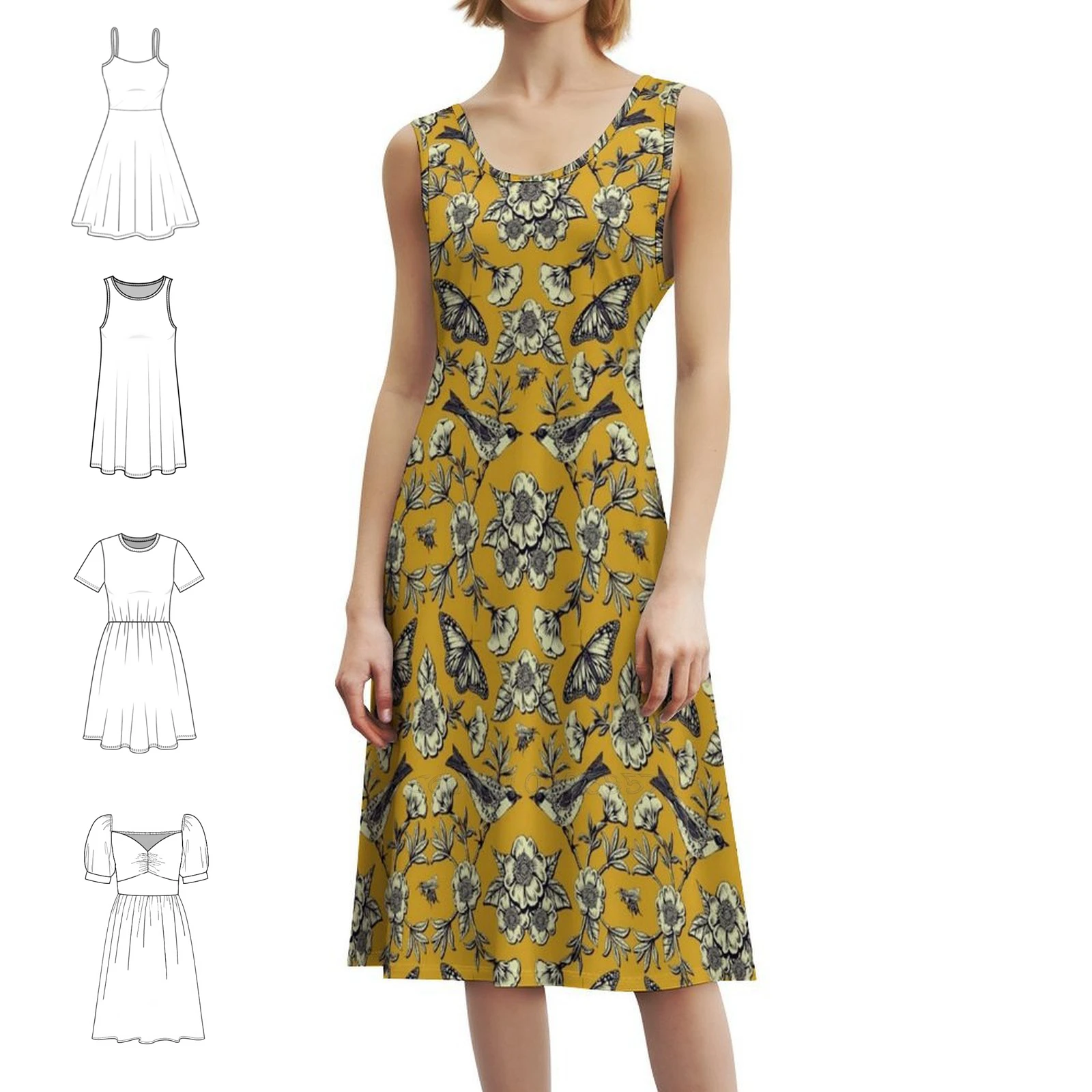 

Горчично-желтое и темно-синее платье с птицами, бабочками и цветами, милое платье с вырезом в форме сердца, элегантное летнее праздничное платье для женщин, птицы, птицы