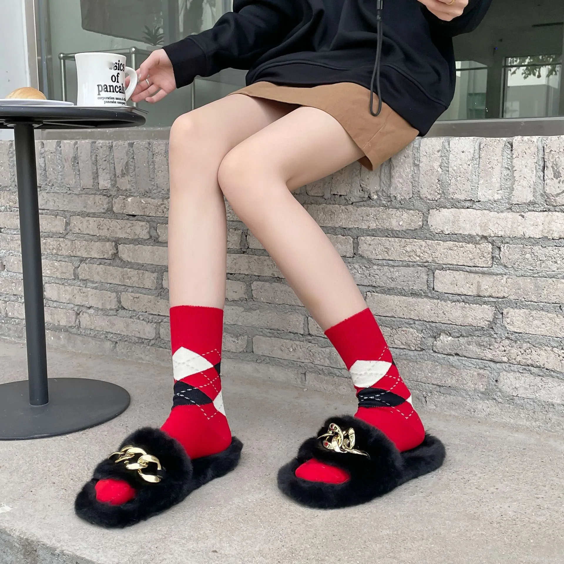 

Women's Spring Summer Fashion Socks Breathable Diamond Check Mid-tube Soft Retro Preppy British Simple Solid Color Pile Sock