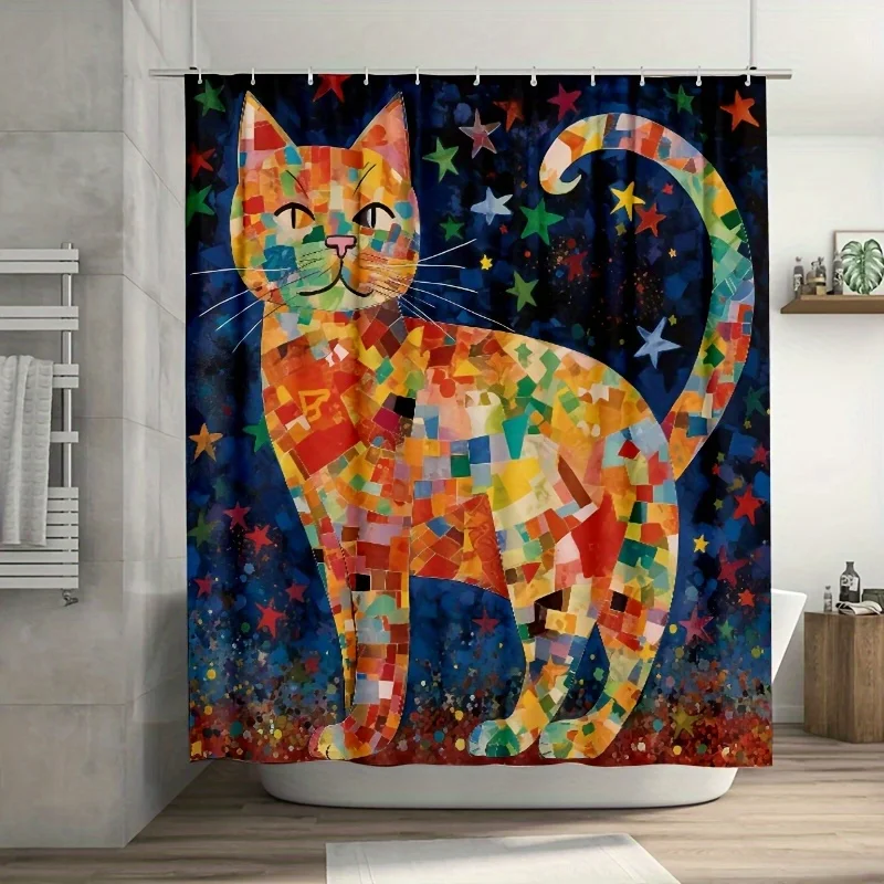 

1pc Eric Cat Made of Stars Shower Curtain, 70.8x70.8 inch, Durable Polyester Fabric, Easy Clean, Space-Themed Bathroom Decor wit