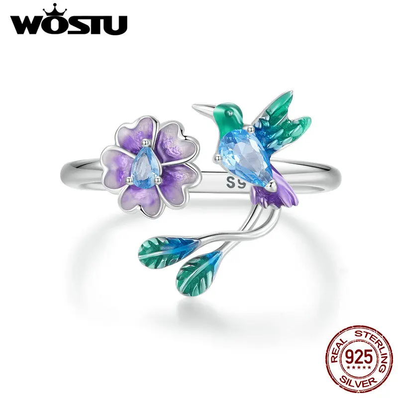 WOSTU 925 Sterling Silver Colorful Flower Bird Open Ring Women Blue Drop Crystal Oil droped Bird Earrings Party Jewelry Set Gift