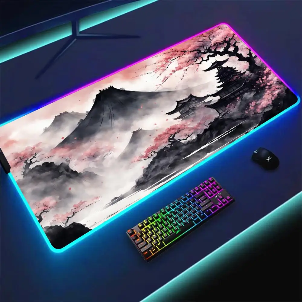 

RGB Mouse pad Ink-wash style landscape gaming mat rubber anti-slip Desk Mat LED glow Gaming keypad mousepad gamer pc accessories