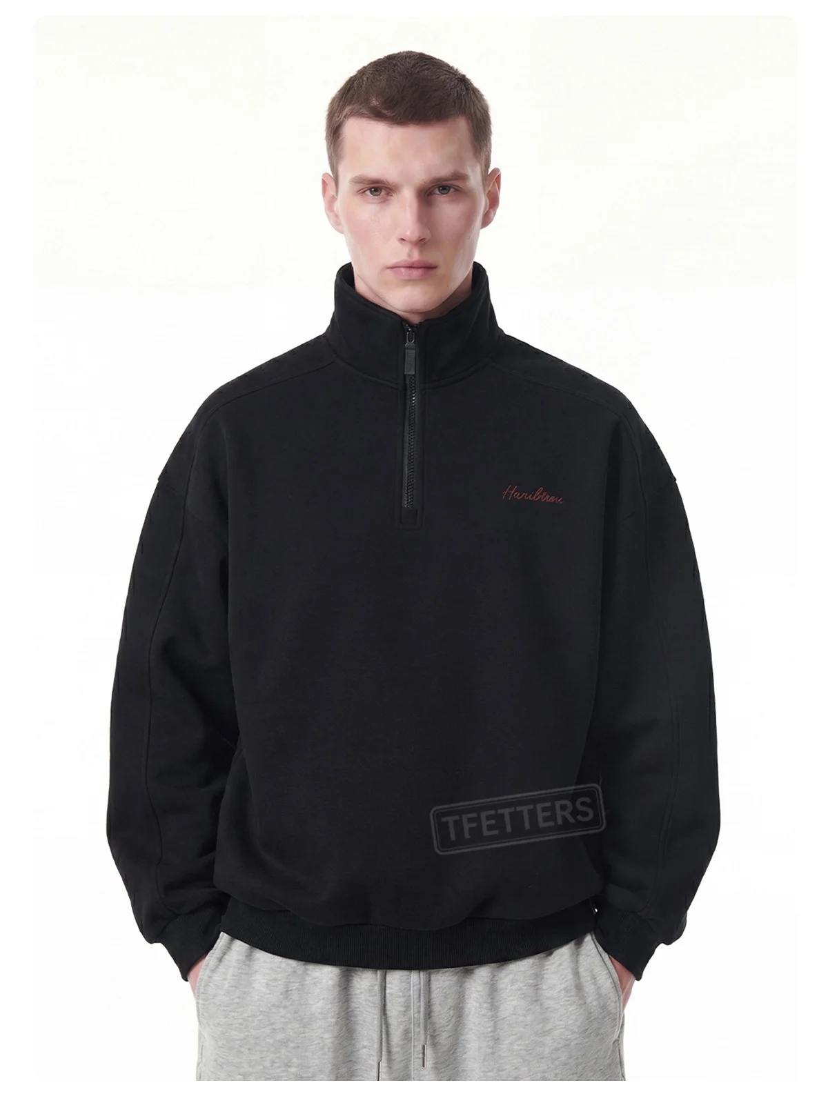 TFETTERS Fall Loose Cotton Half Zip Sweatshirt for Men Heather Gray Stand Collar Minimal Embroidered Casual Tops for Man EU SIZE