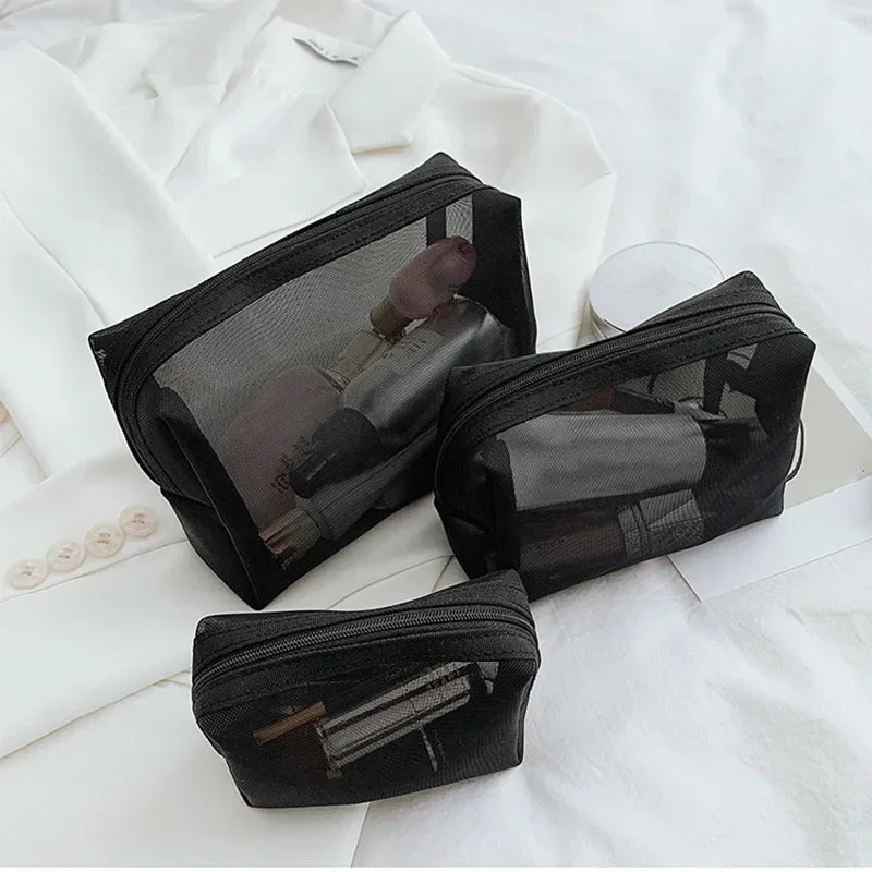 1pcs Transparent Mesh Zipper Cosmetic Bag Women Necessary Organizer Fashion Small Large Black Toiletry Bags Makeup Pouch Case
