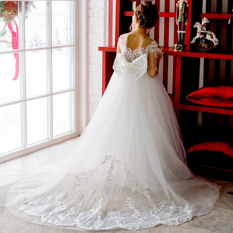 Vestidos blancos de flores para niña, apliques de tul con lazo y cola, media manga para boda, fiesta de cumpleaños, vestidos de primera comunión