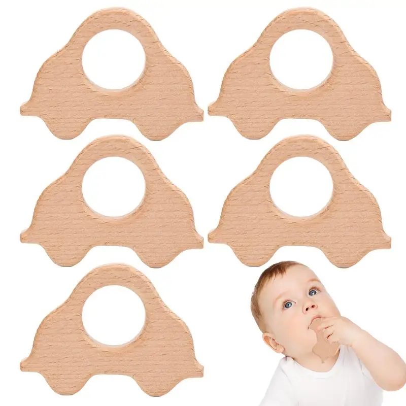 Wooden Teether Toy 5Pcs Teether Chew Toy Car Teething Rings Soothing Teether Sensory Toy Molar Teether Toy for Kids Teething