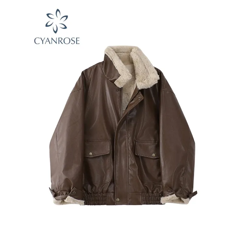 

Winter Women's Fur Leather Jacket Long Sleeved Loose Warm Lamb Wool Vintage Thickened Locomotive Lapel Female PU Motorcycle Coat