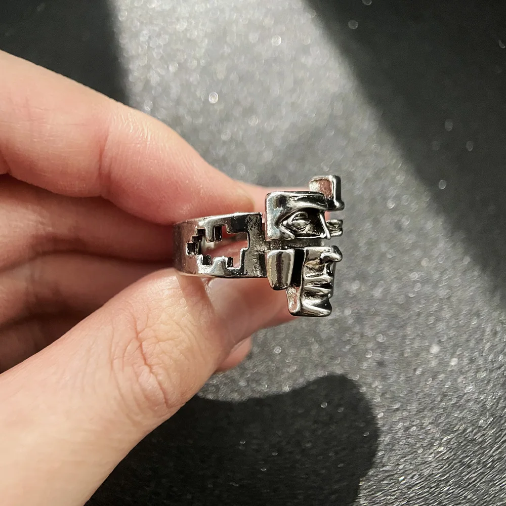 Men's Retro Silver Punk Gothic Face Ring, Statement