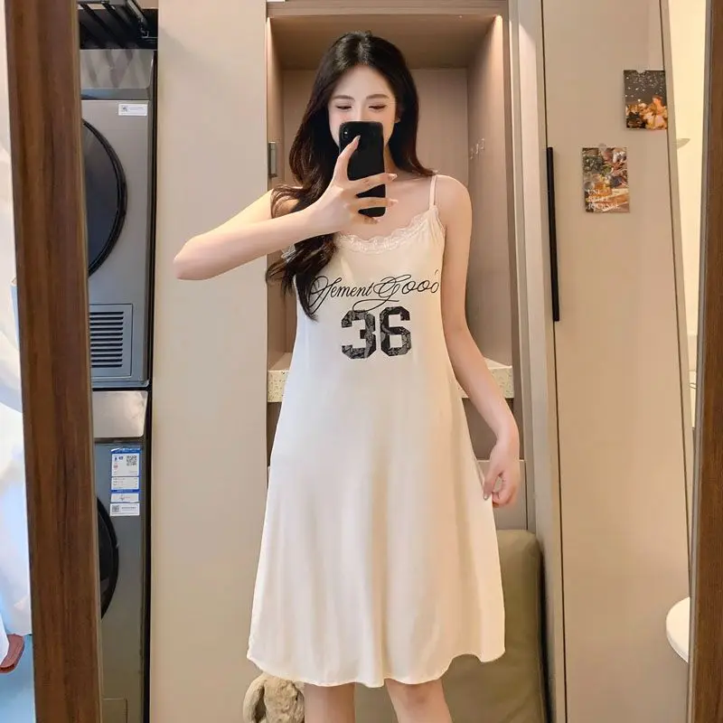 

2026 Summer Sexy Lace Lingerie Spaghetti Strap Modal Nightgowns for Women Cute Sleepwear Homewear Nightdress Night Dress Nighty