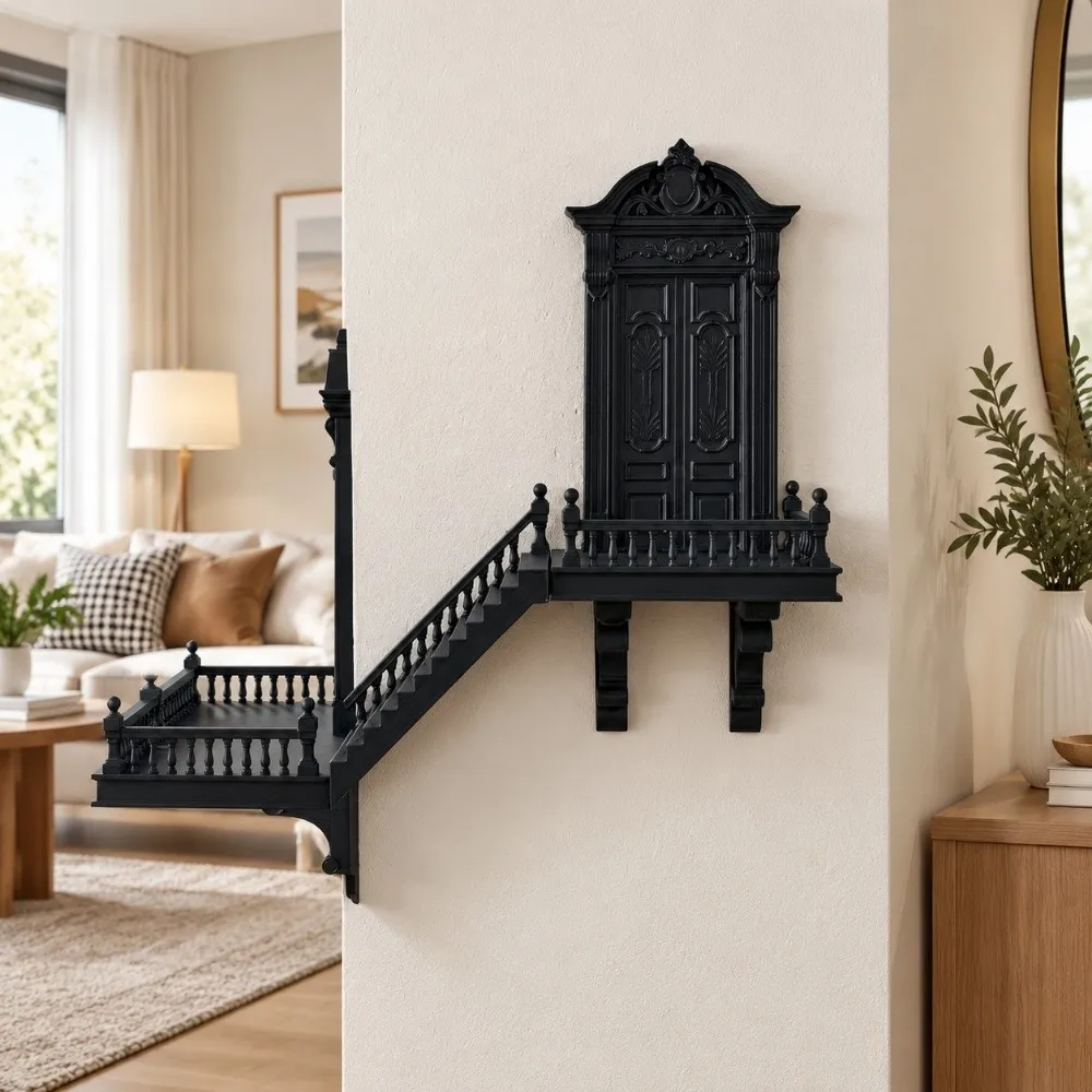 3D Printed Gothic Staircase Display Shelf Ornate Carving Wall Mounted Miniature Staircase Black Plastic Mini Door Staircase