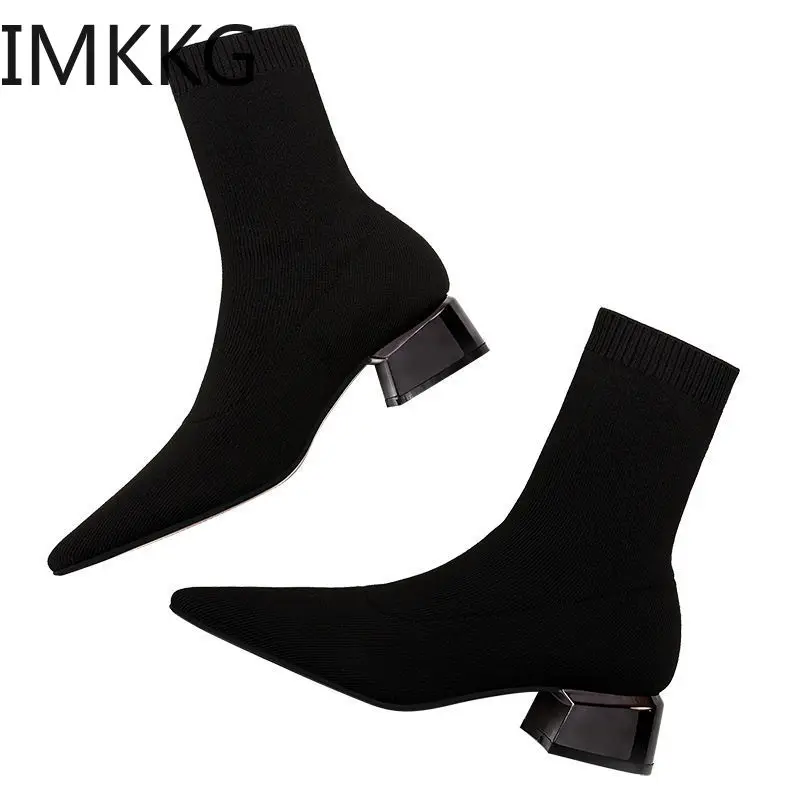 2020 Brand Women Warm Winter Boots Women\'s Mid High-Heeled Pointed Short Knitted Socks Boots Thick Heel Black Booties