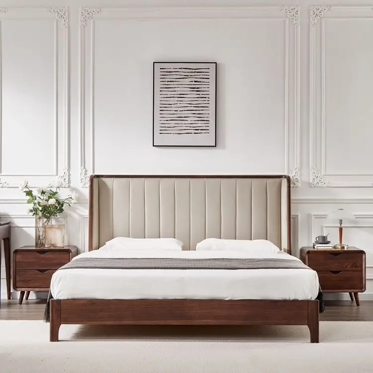 Ebony solid wood bed 1.8 meters 1.5 meters double bed master bedroom log leather soft bed