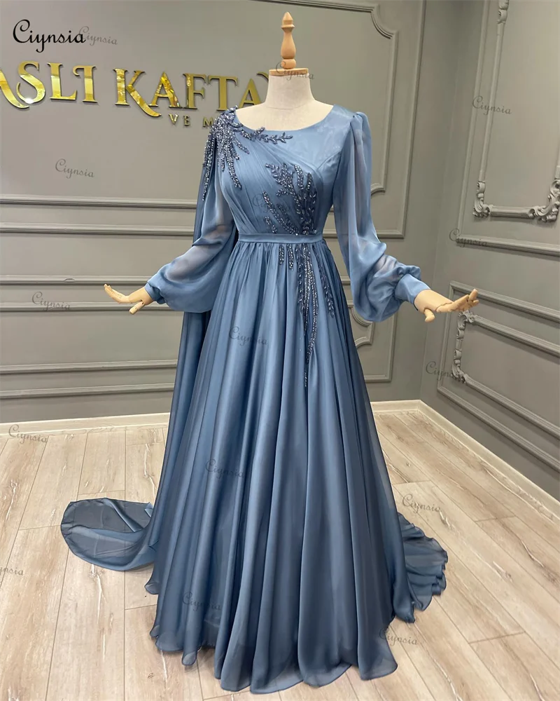 Ciynsia Long Sleeve Muslim Evening Dresses A-Line Scoop Neck Arabic Dubai Formal Party Gowns Beads Lace Robe De Soiree Prom