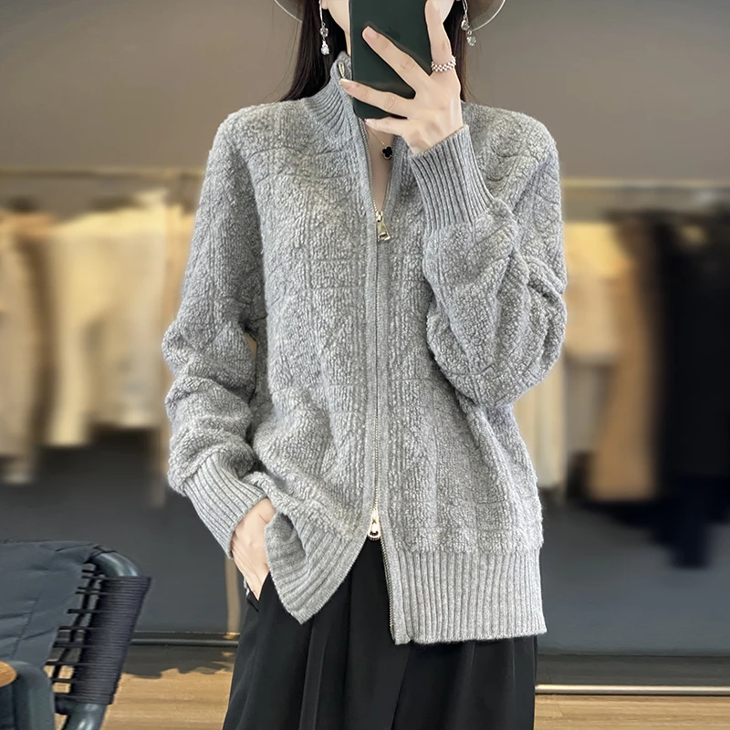 Women\'s 100% Merino Wool Knitting Sweater Standing Collar Fleece Cardigan Autumn/Winter Casual Loose Top Cashmere Zipper Jacket