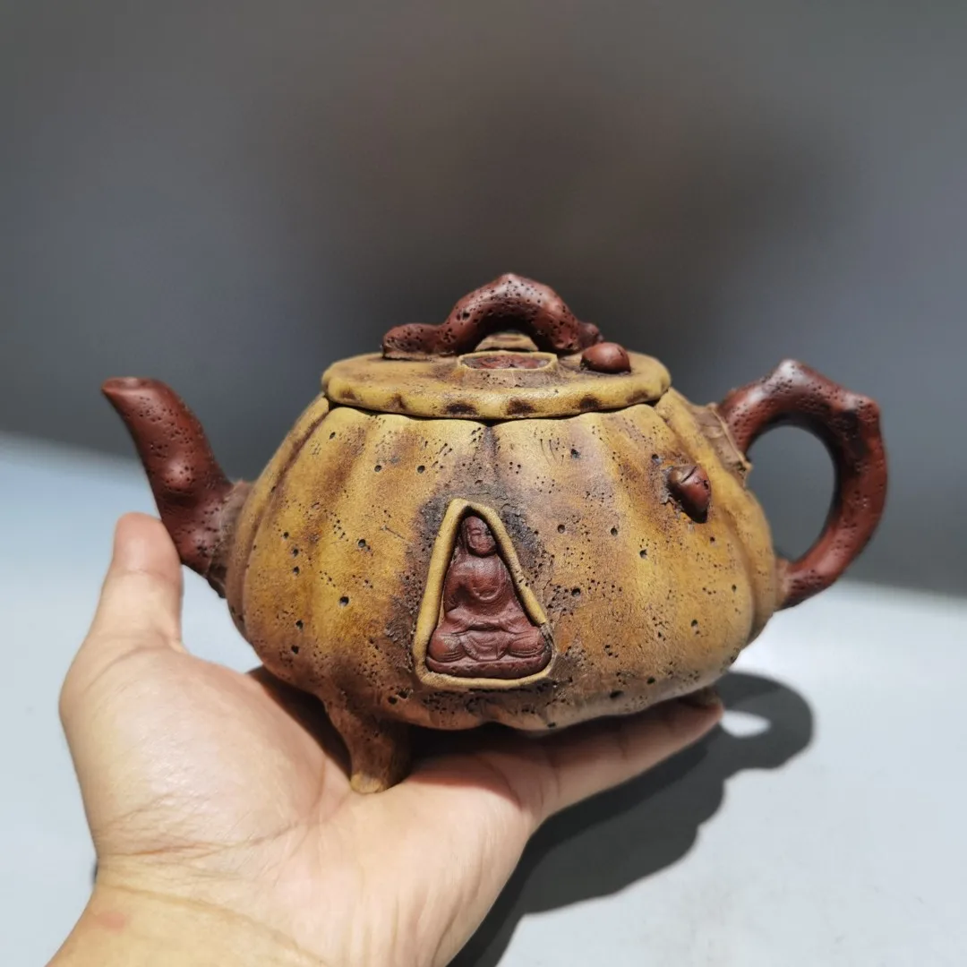 

8"Chinese Yixing Purple Clay Pot Pottery For Amitabha Buddha Monk Lotus root texture kettle Teapot Teapot Pot Tea Maker Office