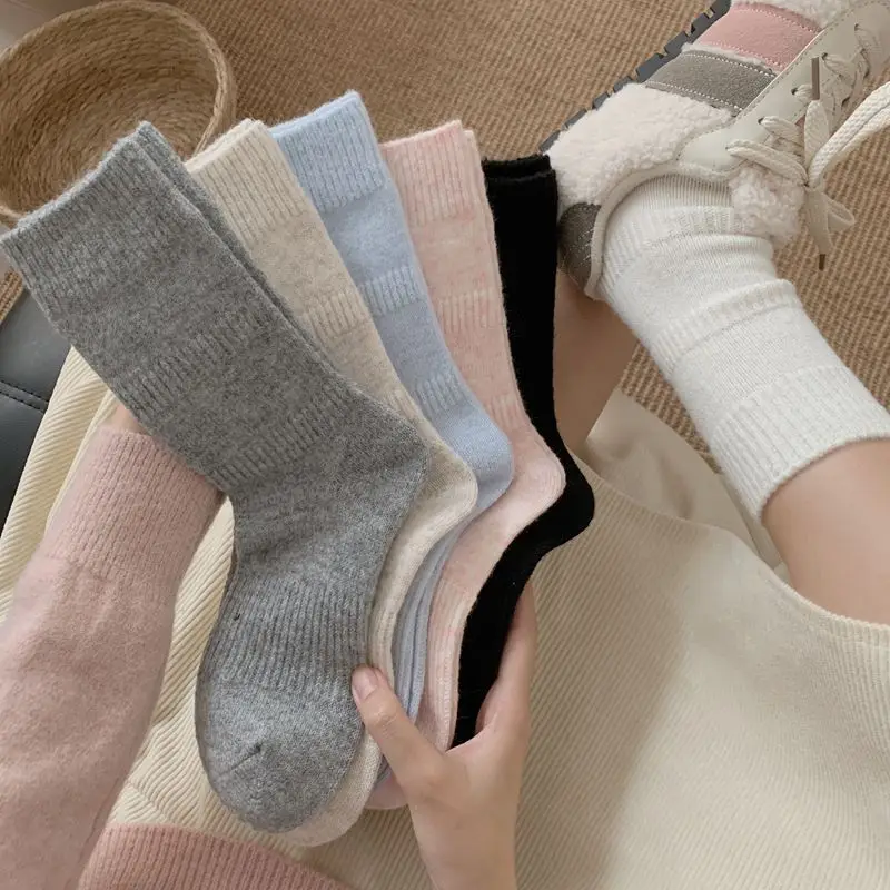 

Autumn and Winter Thickened Wool Women's Socks Solid Color Warm Medium Tube Socks Thermal Home Floor Sleep Socks Christmas Gifts