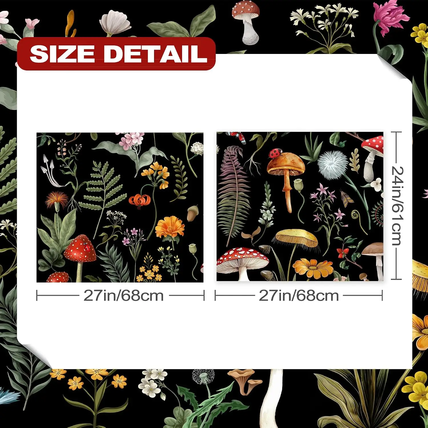 Black Botanical Window Curtain 2 Panels,Red Spotted Mushroom Mixed Wild Flower Pattern, Drapes for Balcony Cottage Decor Curtain