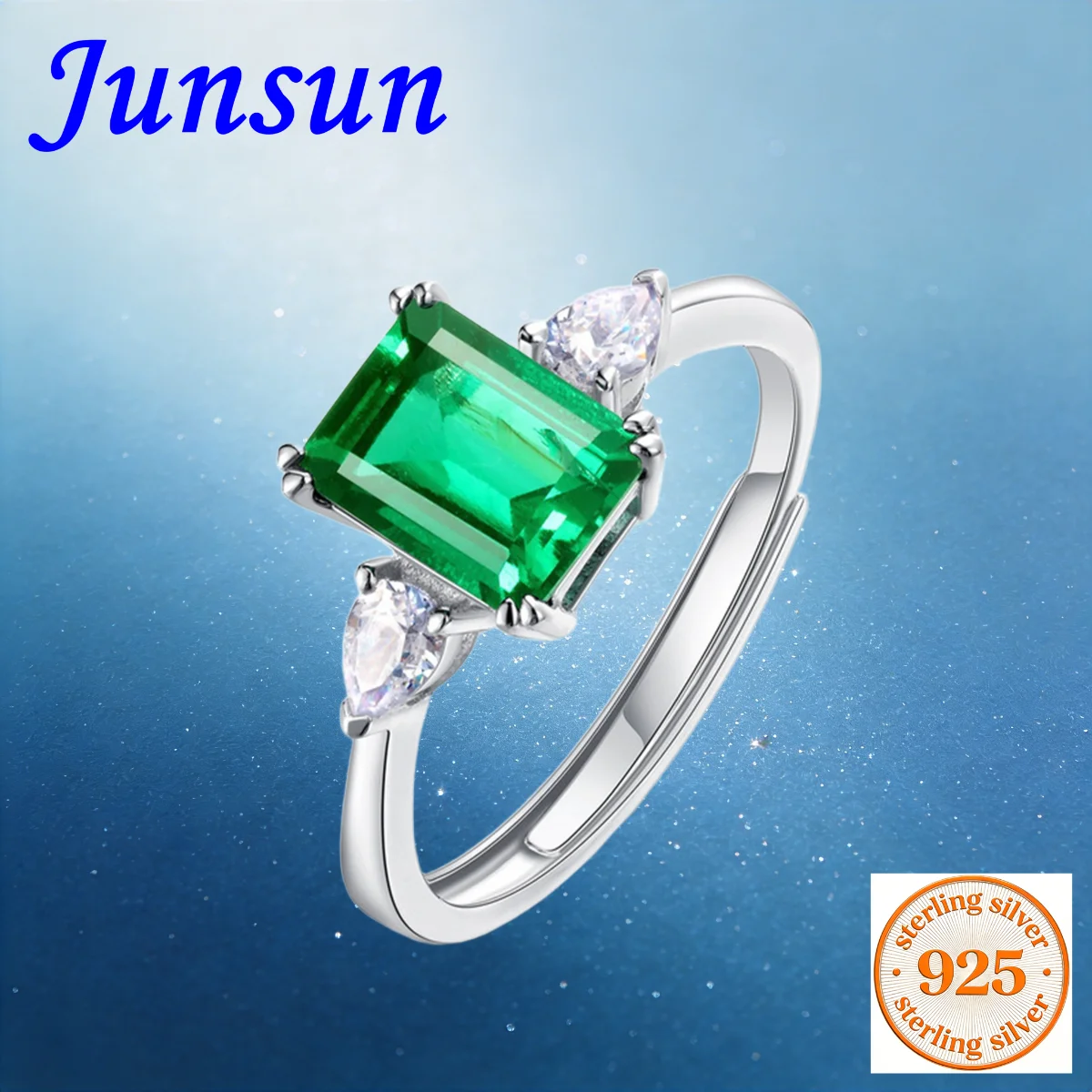 

Junsun 2ct S925 Silver Princess Square Cultivated Emerald Fashion Jewelry Ring for Women flexible