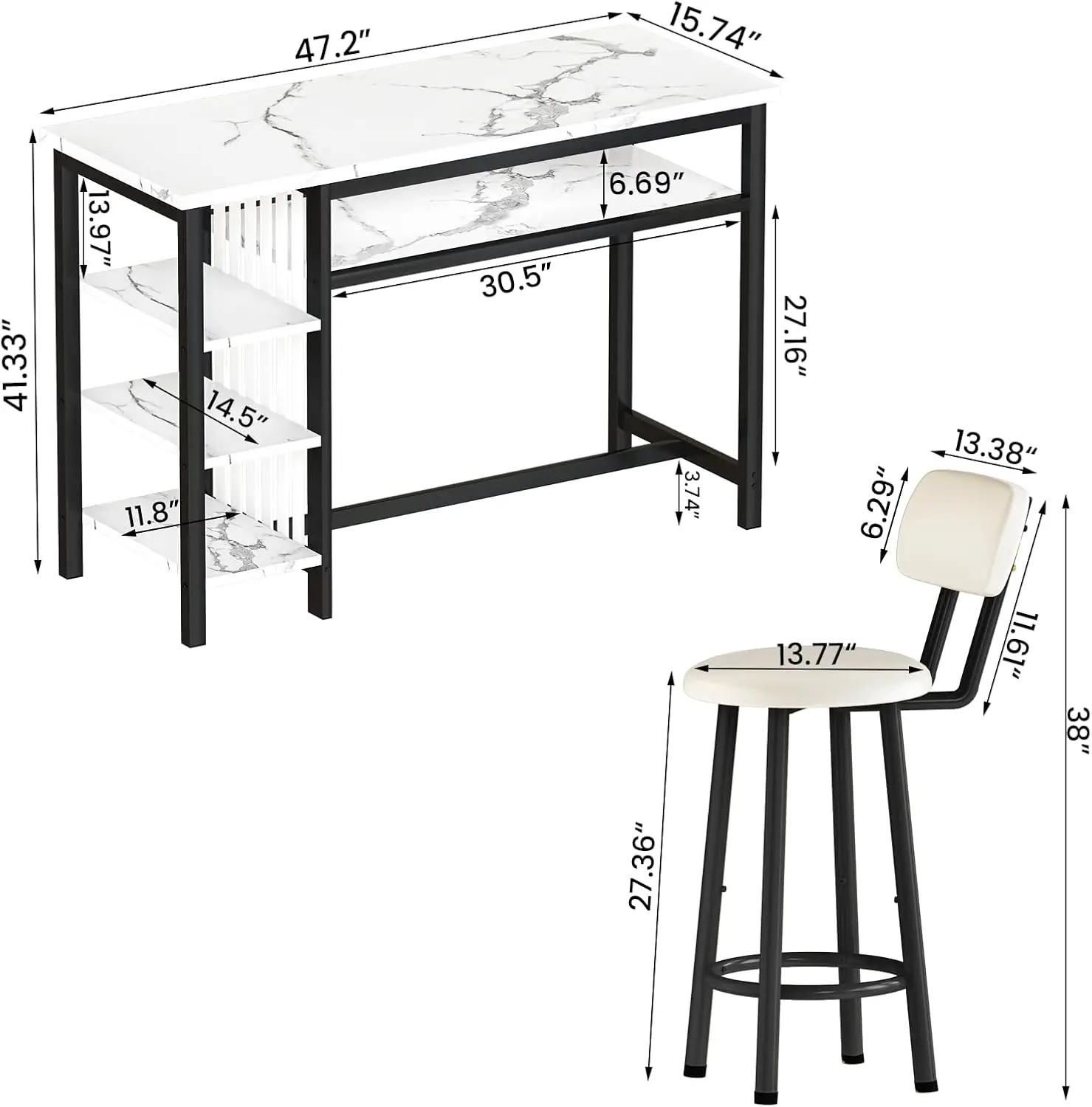 Set tavolo da bar e sedie da 3 pezzi, moderno marmo finto bianco 2 sgabelli con cuscino in PU, bancone da cucina con ripiani a 3 livelli,