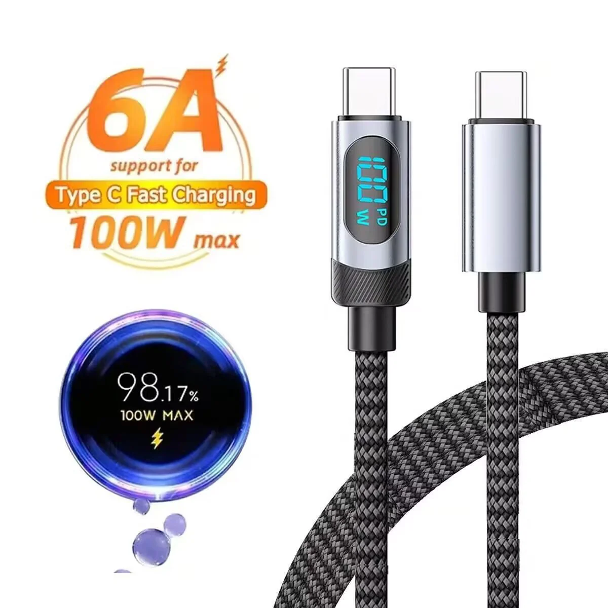 

120W USB A/C to Type C Super Fast Charge Cable Nylon Data Cord For iPhone 15 Xiaomi POCO Samsung With Led Digital Display Cable