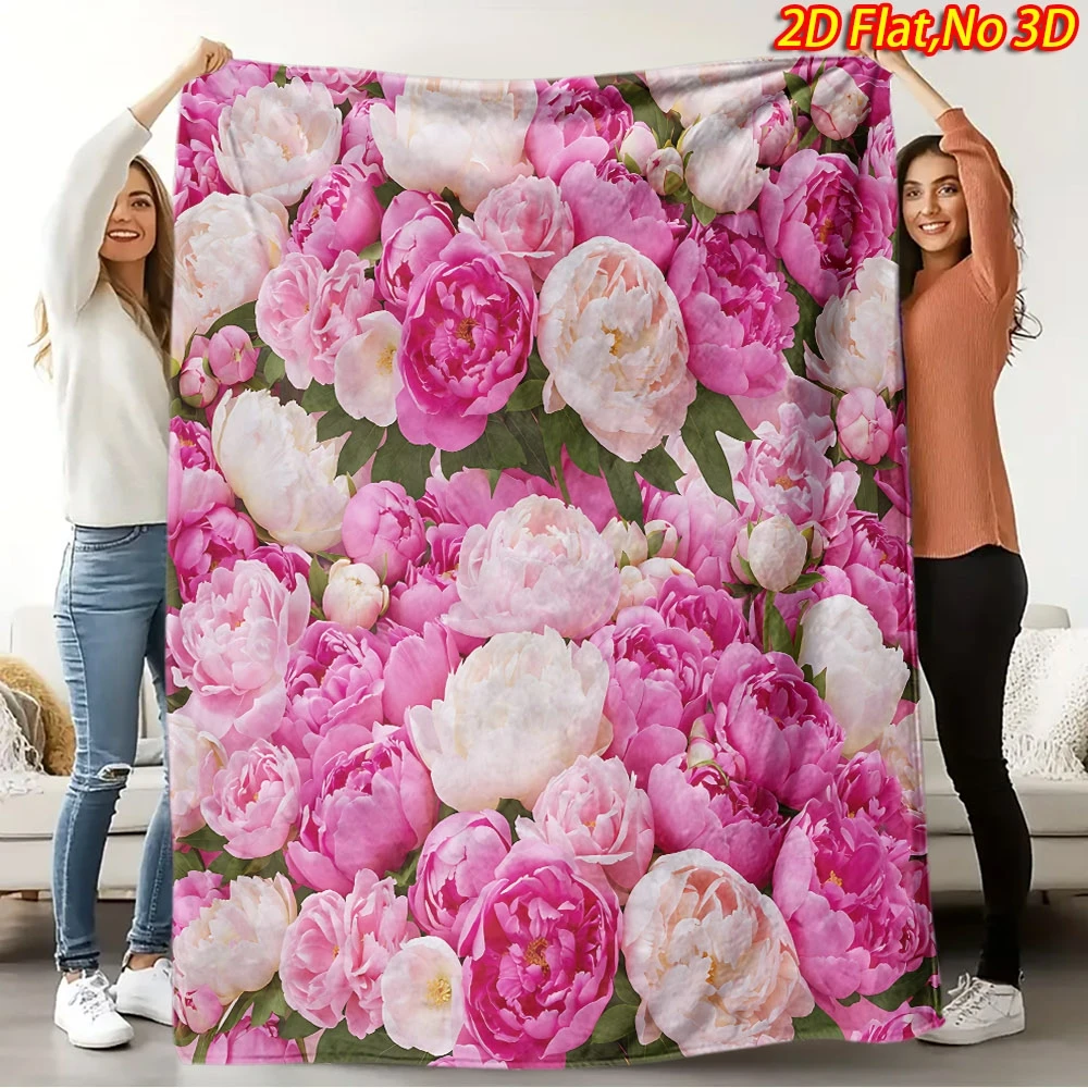 1pc 2D Flat Printing Spring & Summer New Arrival Comfortable Pink Peony Flower Cluster Flannel Blanket, 100% Polyester Fiber HD