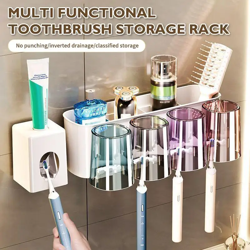 Toothbrush Holder Multifunctional Wall Mounted Perforation-free Bathroom Shelf Mug Mouthwash Cup No Drilling