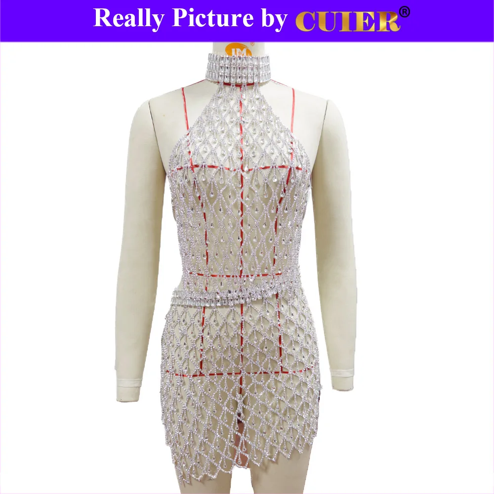 CUIER Amazing Full Rhinestones Tops Bottoms Dresses for Women Sexy Body Jewelry Backless Dress for Nightclub