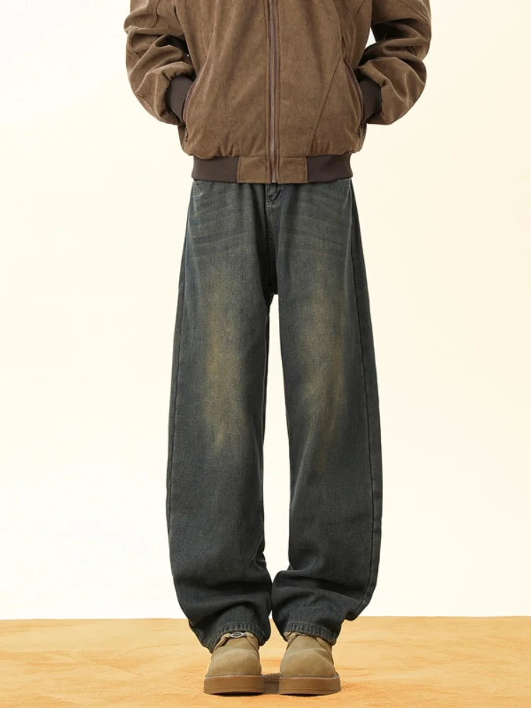 

Retro Thiened Fce Lined Men's Denim Jeans Autumn Winter Wide Leg Pants American High Street Sle Loose Fit Long Trousers