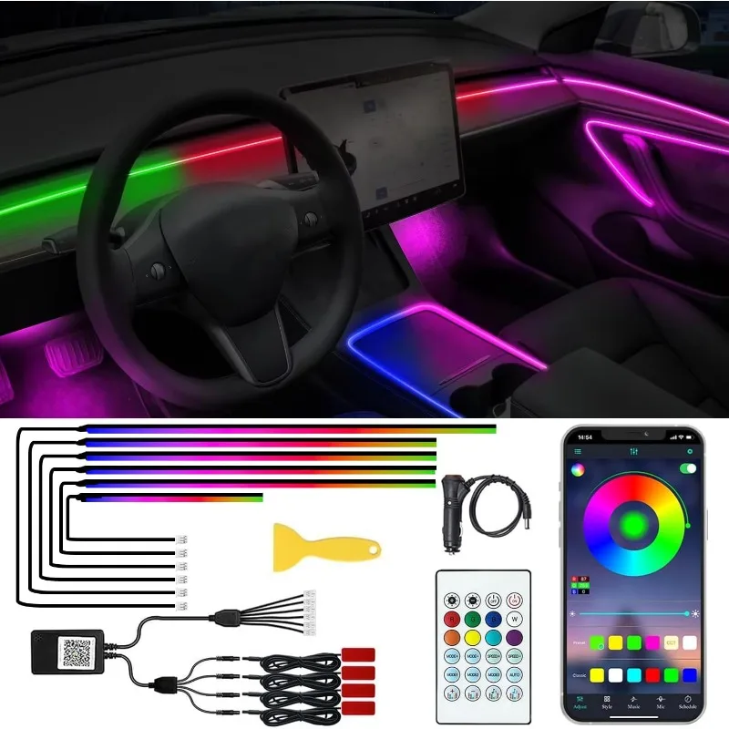 

Acrylic Interior Car LED Lights with Remote and Wireless APP 10 in 1,Ambient Lighting Kits Fiber Optic Strip LEDs,16 Million Col