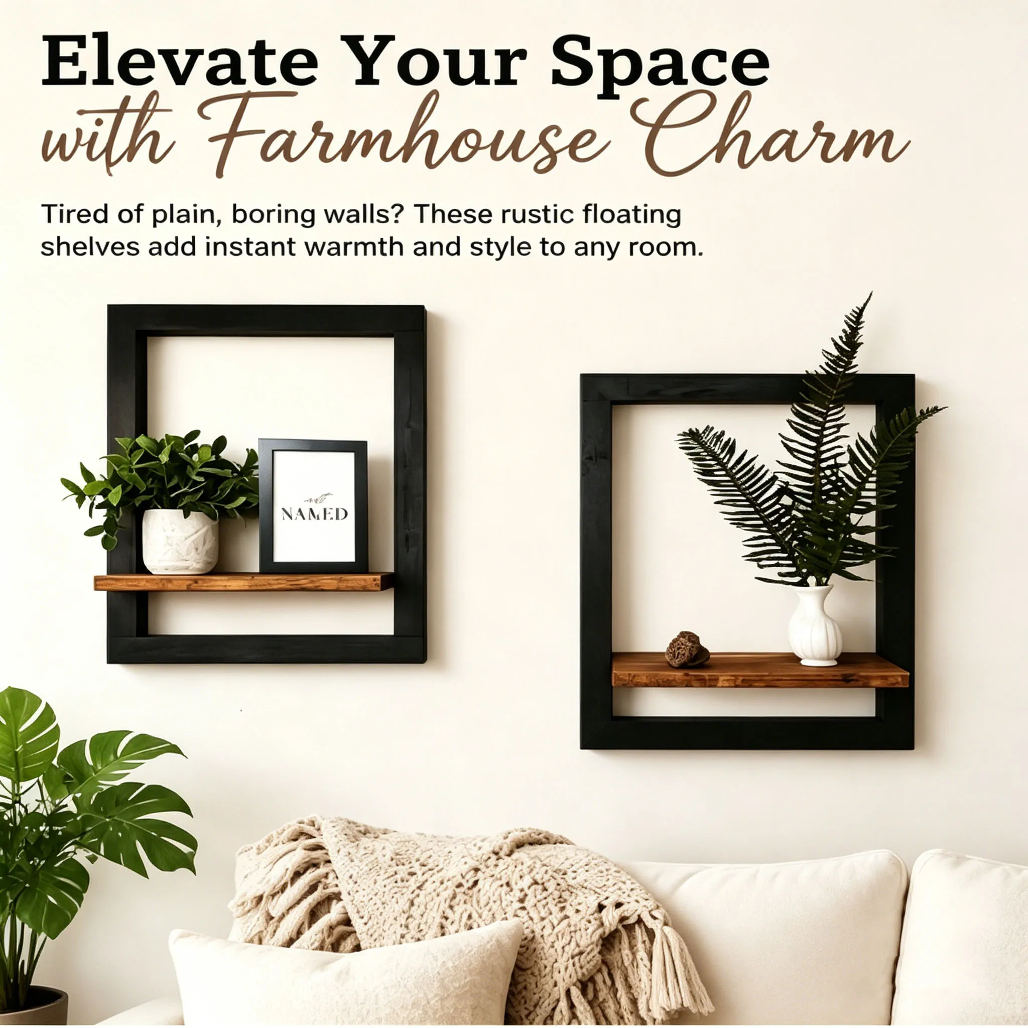 Vintage Wooden Wall Shelf Set Black Brown Square Display Shelves for Photos Candles Flowers Albums Living Room Bedroom Bathroom