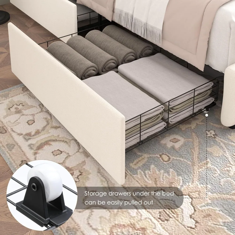 سرير منجد حديث مع أدراج تخزين، لوح رأسي معنقدة بأزرار، دعم شرائح خشبية، سهل التجميع