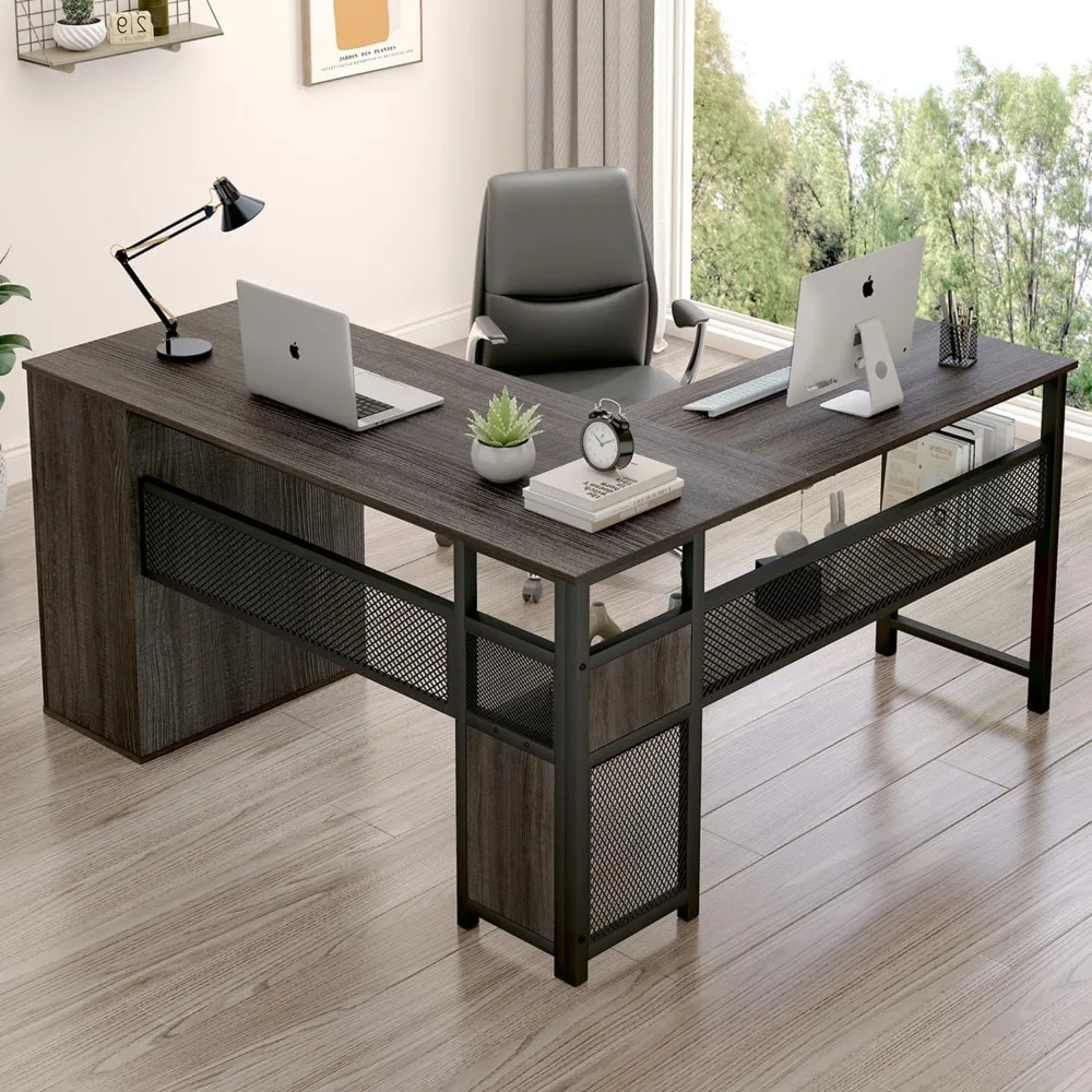 

L Shaped Desk with Storage Cabinets, Reversible Home Office Corner Desk with File Drawers, Modern Large Wood Metal Executive