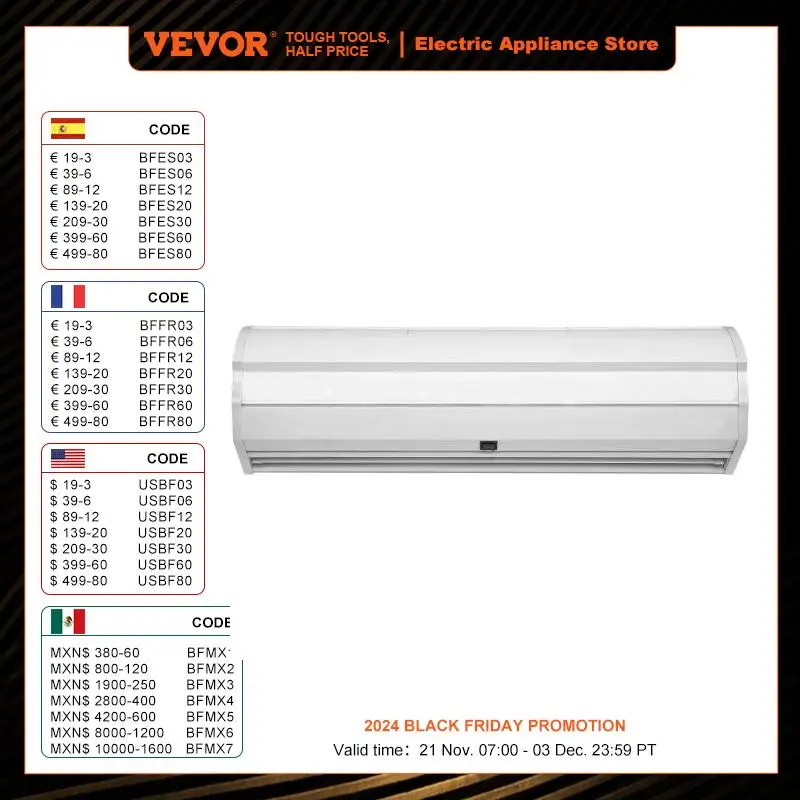 VEVOR 36/42/48/60 in Commercial Indoor Air Curtain Super Power 2 Speeds Wall Mounted Air Curtains for Doors Indoor Over Door Fan