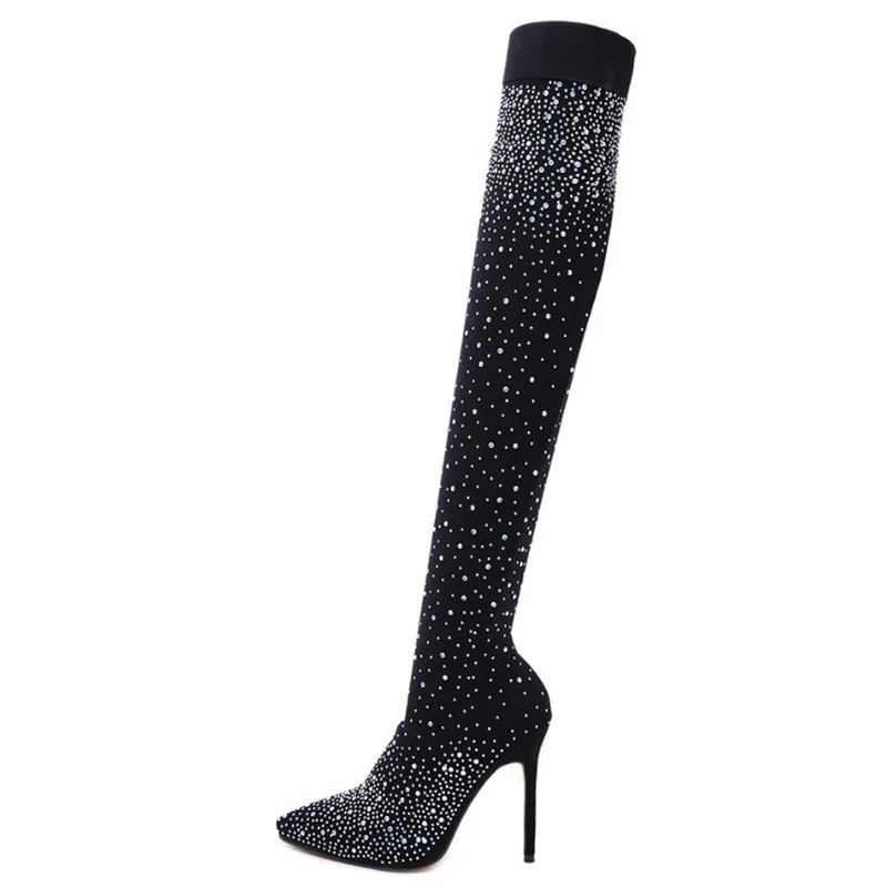 Sexy Rhinestone Long Socks Women Over The Knee High Boots Thigh High Heel Boot Pointed Party Ladies High Heels Bling Woman Pumps