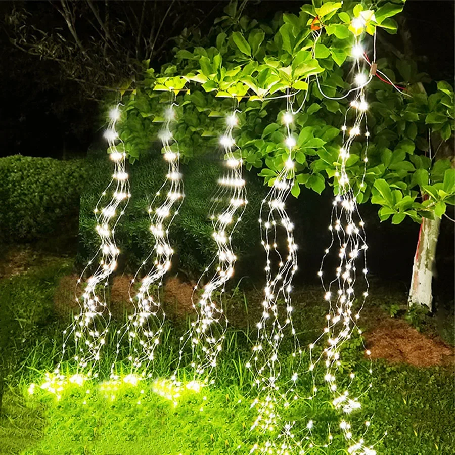 2M 600LED Upgrade Solar Vine Branch Light Outdoor Firefly Bunch Light Solar Waterfall Light Solar Watering Can Lamps