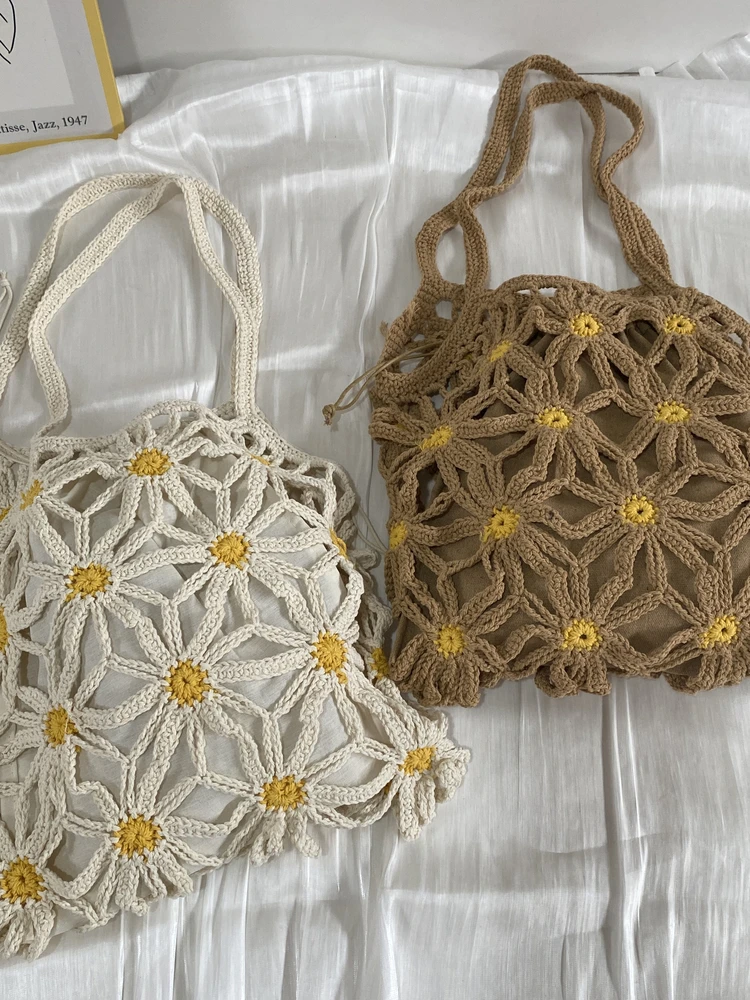 

Handmade Korean Sle Cotton Yarn Woven Bag Daisy Pattern Casual Summer Vaion St Weaving Underarm Single oulder Bag