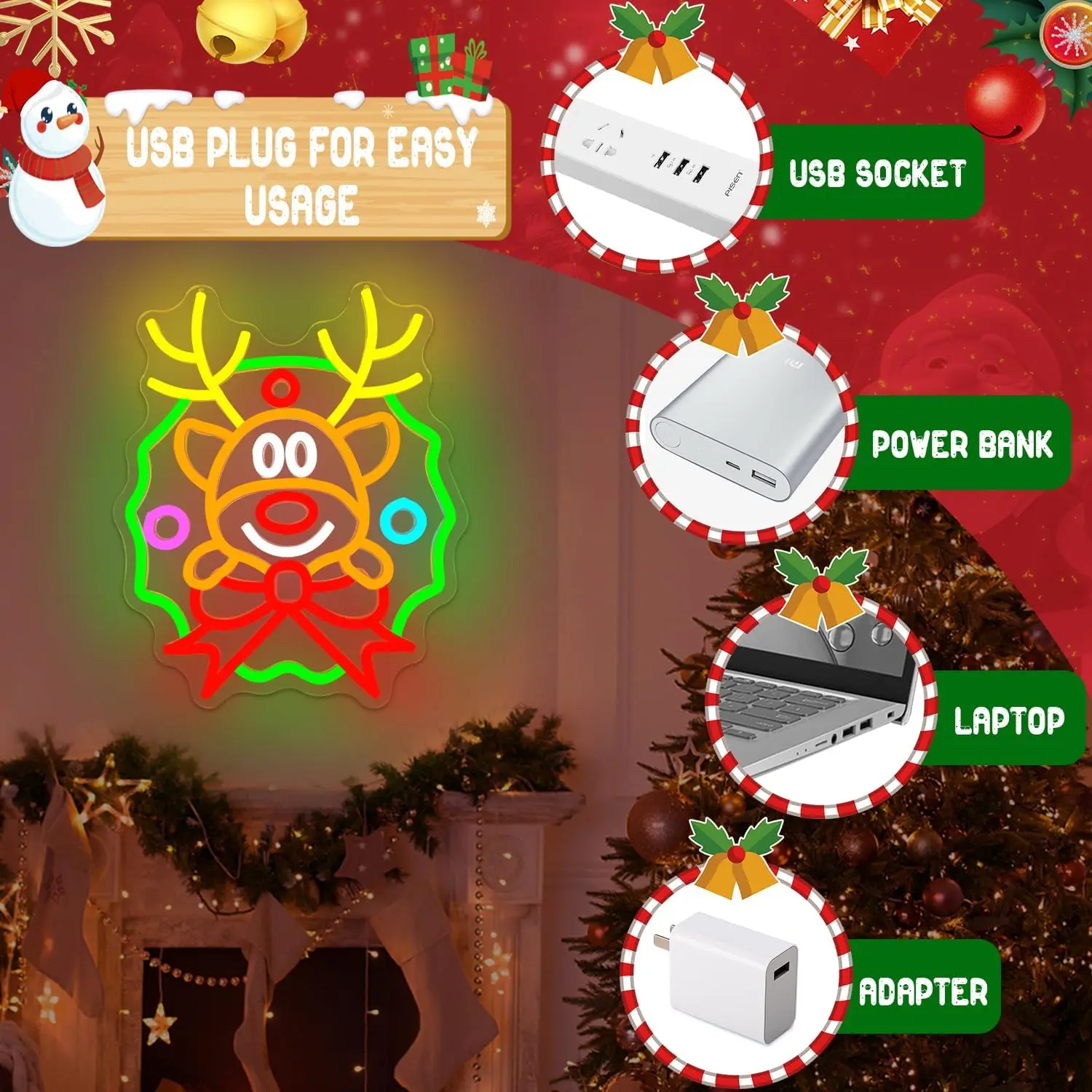 عيد الميلاد النيون تسجيل USB عكس الضوء إكليل الأيائل Led ضوء النيون لغرفة النوم مهرجان عيد الميلاد حفلة نافذة المنزل جدار الفن الديكور هدية