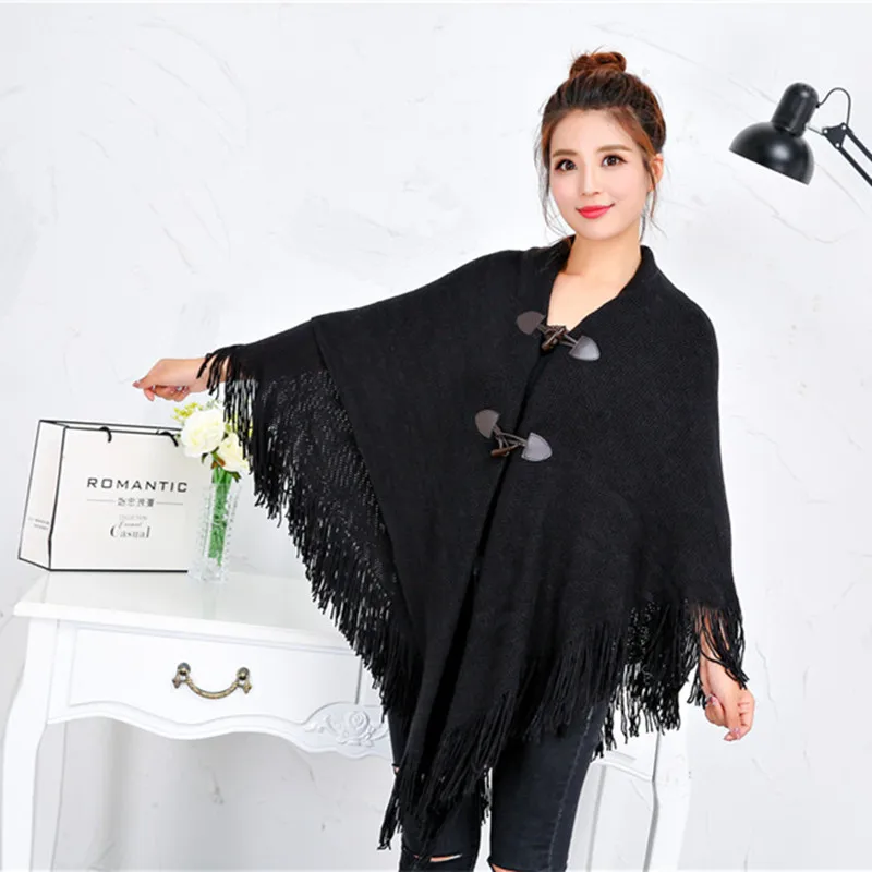 Spring Autumn New Style Shawl Cape Tassel Ox Horn Buckle Solid Color Irregular Double-Layer Tassel Cloak Shawl Sunscreen Pink