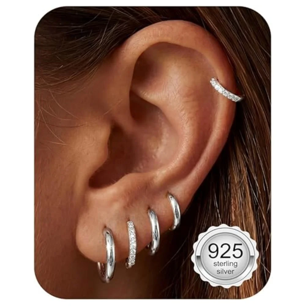 5 Pairs 925 Silver Plated CZ Hoop Earrings Set Cartilage Helix Sparkling Cubic Zirconia Huggie Hoops Earrings Jewelry for Women