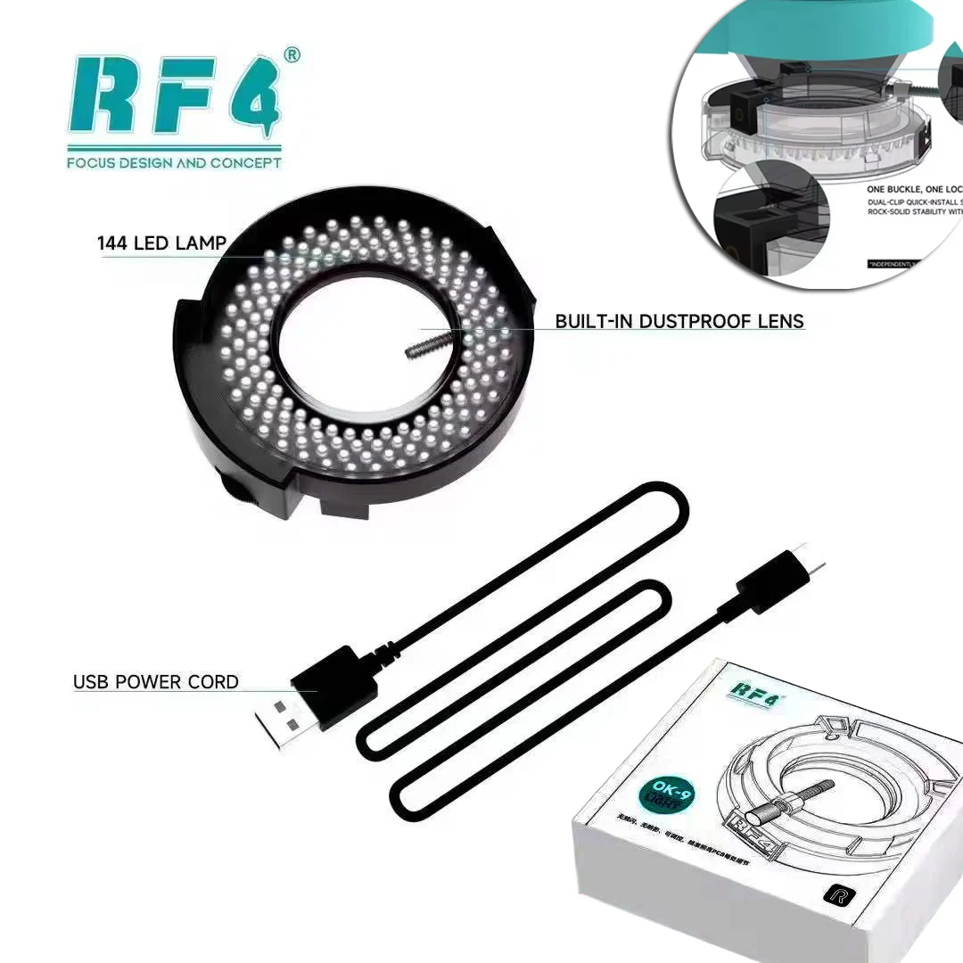 RF4  OK-9  Anti Glare Microscope Lamp Illuminator For Soldering Repair 144 LED Microscope Ring Light