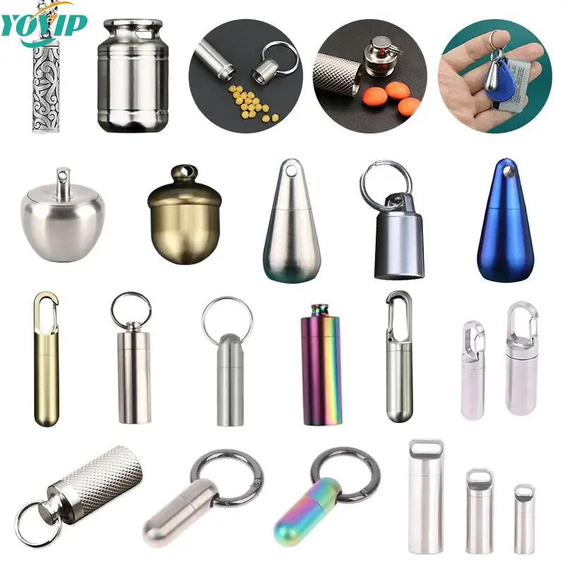 1Pcs Mini Titanium/Stainless Steel Sealed Capsule Waterproof Pill Box Camping Firstaid Pendant Travel Outdoor Portable Pill Case