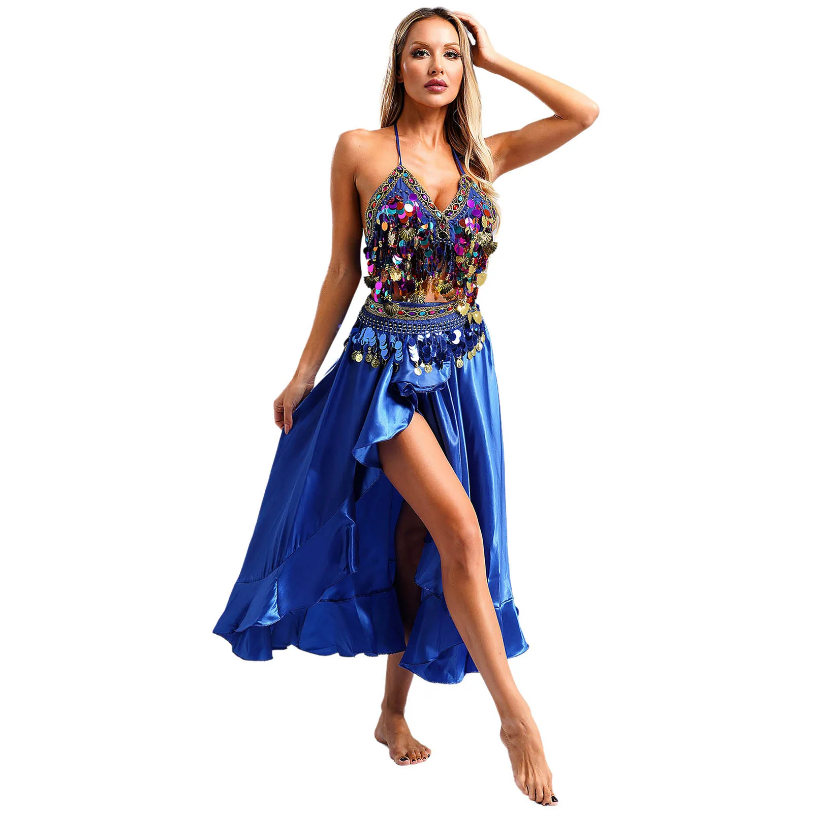 Womens Belly Dance Outfit Sparkly Sequins Halter Self-tie Padded Belly Bra Crop Top with Irregular Ruffled Skirt Waist Chain