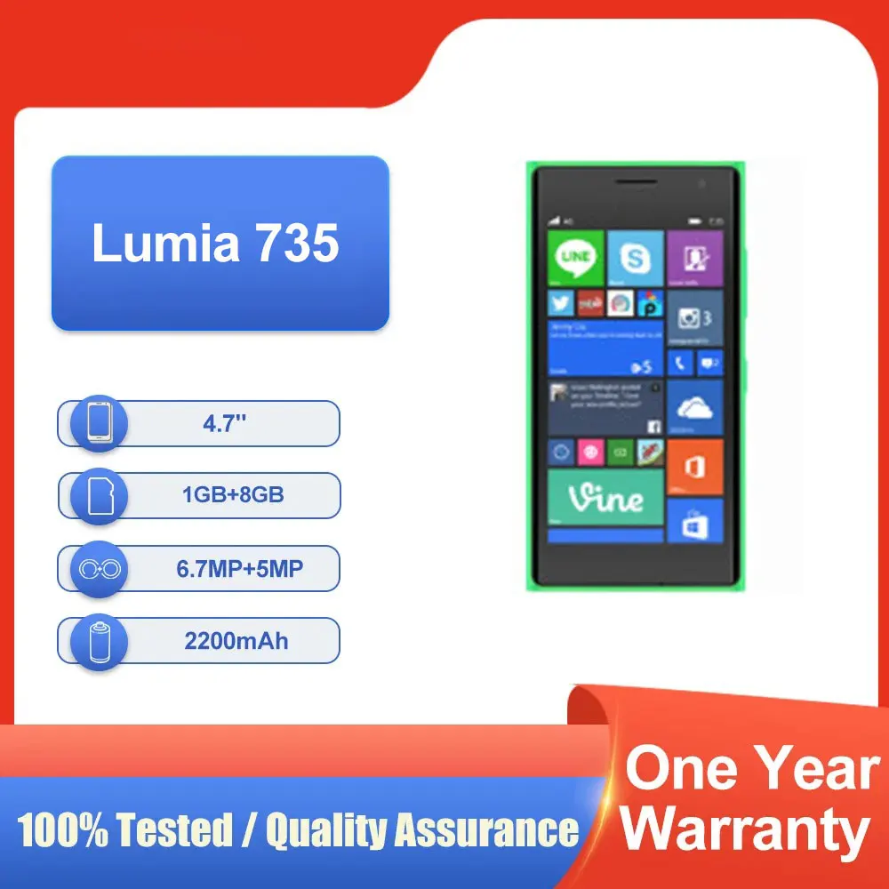هاتف Lumia 735 الأصلي غير مقفول بشريحة واحدة 8 جيجابايت ROM 1 جيجابايت رام 4.7 بوصة 6.7 ميجابكسل NFC شحن سريع هاتف محمول 4G OLED بحالة جيدة