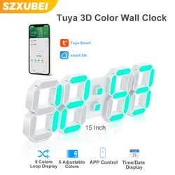 Tuya sveglia 3D Led orologio da parete digitale a colori orologio da parete nordico da 15 pollici Snooze orologio da tavolo calendario termometro orologio da appendere