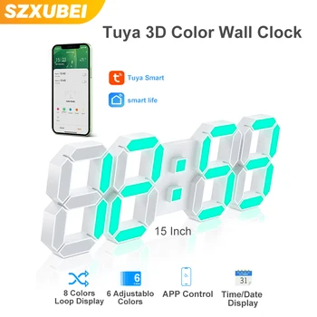 Tuya-알람 시계, 3D Led 벽 디지털 컬러 시계, 15 인치, 북유럽 벽시계, 스누즈 테이블 시계, 달력, 온도계 행잉 시계 