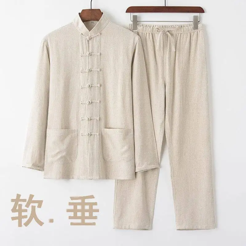 Men's Cotton And Linen Long-sleeved Stand-up Collar Retro Disc Buckle Tang Suit Middle-aged And Elderly Long-sleeved Trousers