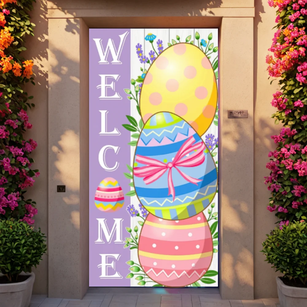 Welcome Easter Background Door Hanging Decor Cartoon Rabbit Flower Balloon Bunny Baby Shower Kid Party Photo Photography Prop